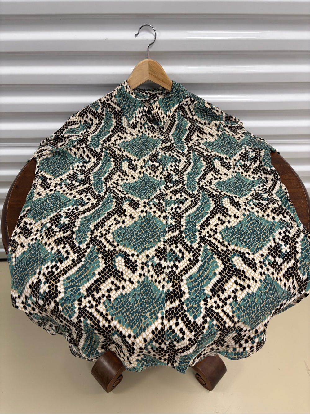 Topshop Teal and Cream Snake-Print Button Down Shirt
